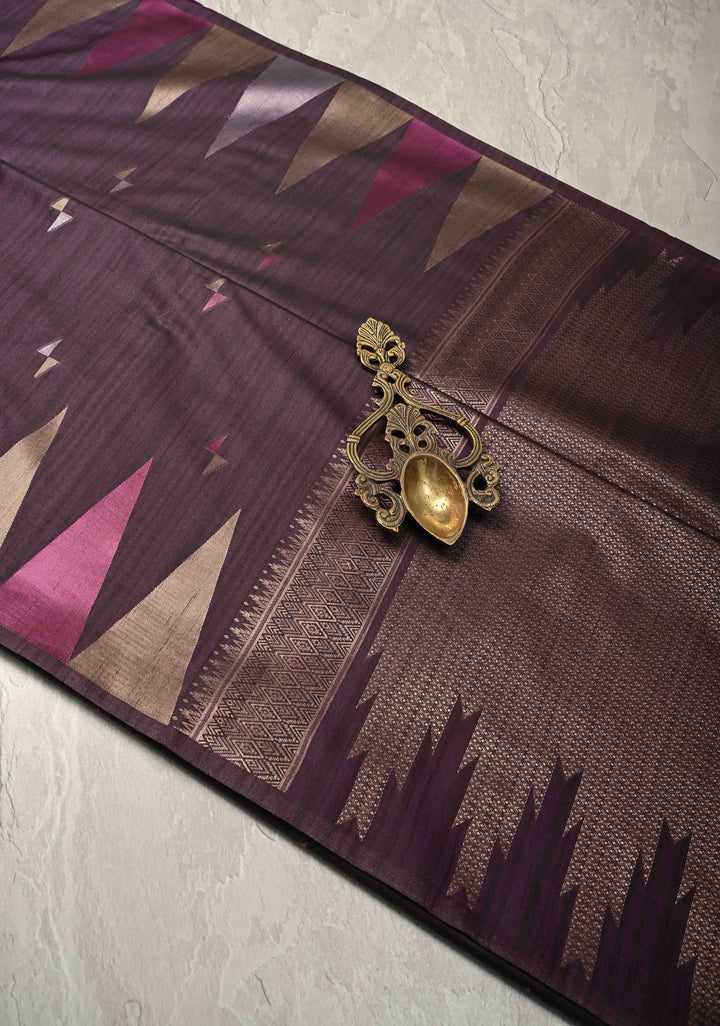 Dark Purple Kanchi Semi Silk Saree with Meenakari  Buttas and Multicolor Temple Border