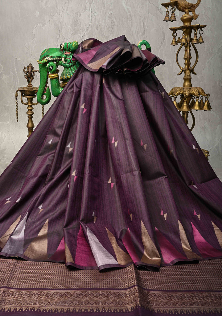 Dark Purple Kanchi Semi Silk Saree with Meenakari  Buttas and Multicolor Temple Border