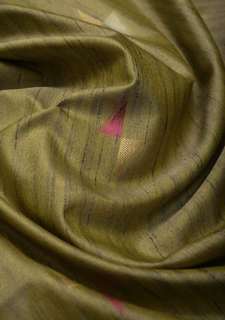 Pista Green Kanchi Semi Silk Saree with Meenakari  Buttas and Multicolor Temple Border