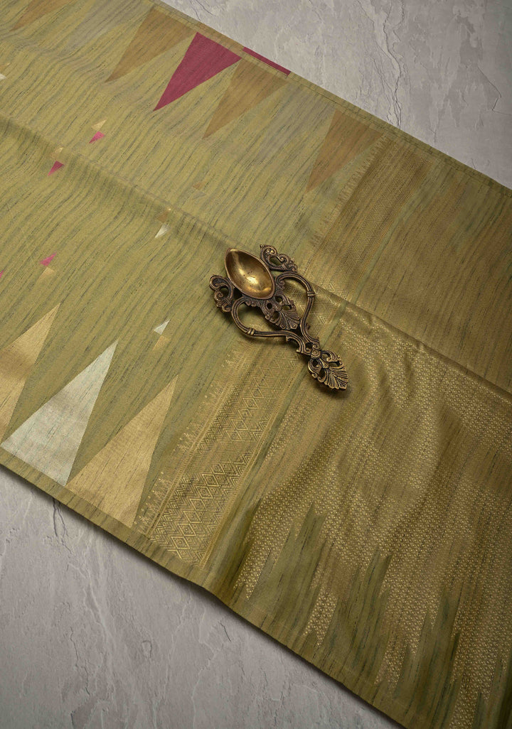 Pista Green Kanchi Semi Silk Saree with Meenakari  Buttas and Multicolor Temple Border
