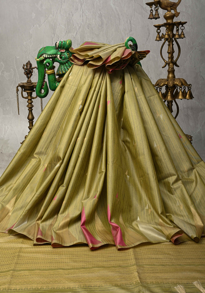 Pista Green Kanchi Semi Silk Saree with Meenakari  Buttas and Multicolor Temple Border