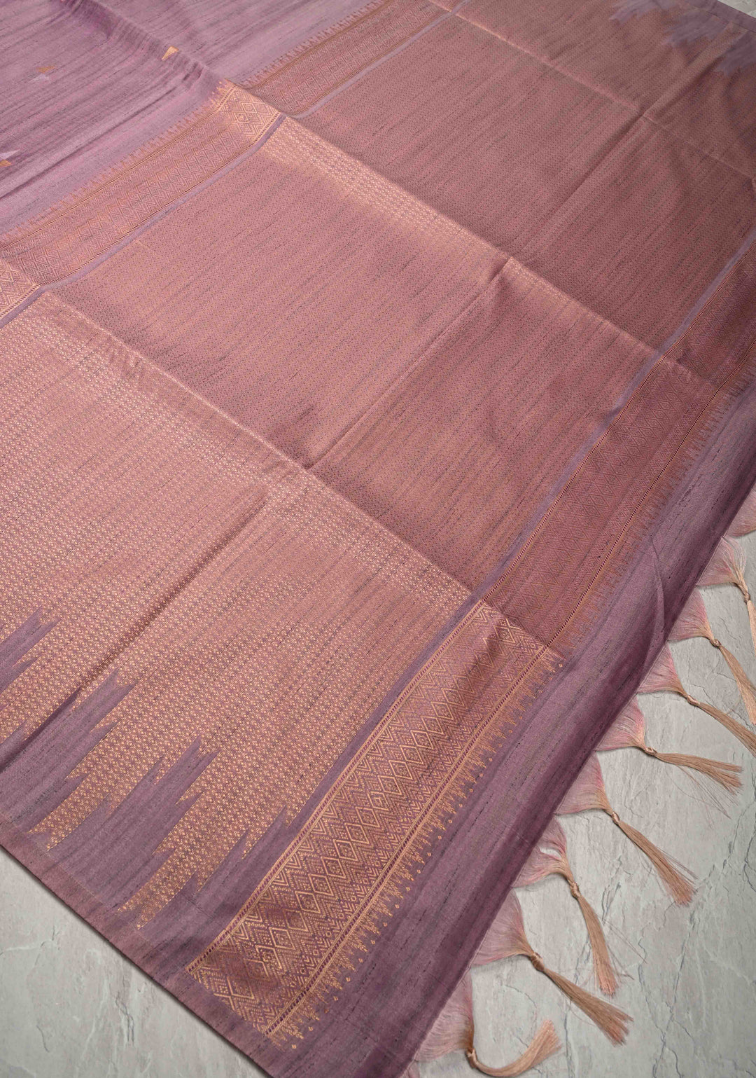 Mauve Kanchi Semi Silk Saree with Meenakari  Buttas and Multicolor Temple Border