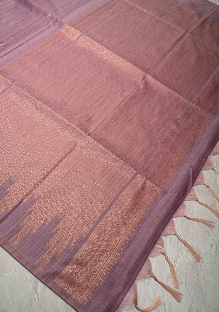 Mauve Kanchi Semi Silk Saree with Meenakari  Buttas and Multicolor Temple Border