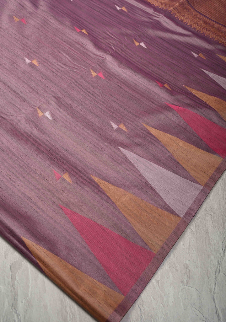 Mauve Kanchi Semi Silk Saree with Meenakari  Buttas and Multicolor Temple Border