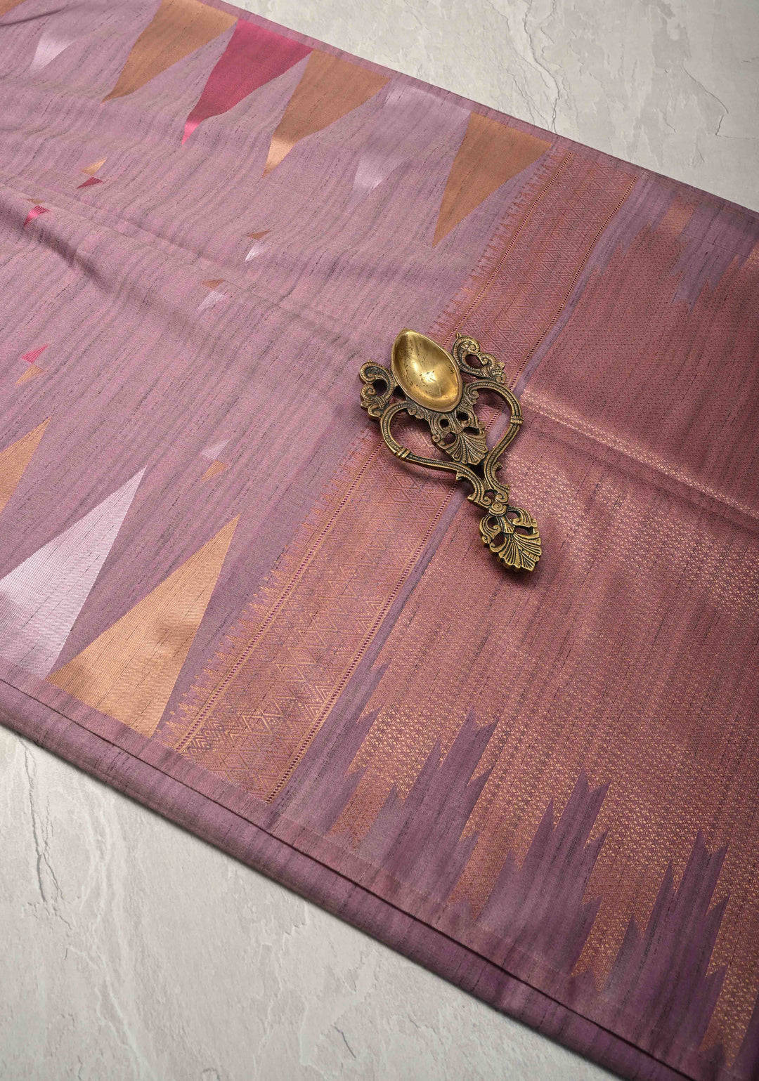 Mauve Kanchi Semi Silk Saree with Meenakari  Buttas and Multicolor Temple Border