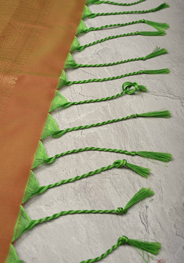 Dark Mint Green Dual tone Kanchi Semi Silk Saree with Paisley Zari Buttas and Geomatric Motifs on Border