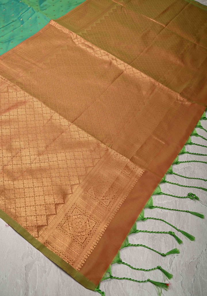 Dark Mint Green Dual tone Kanchi Semi Silk Saree with Paisley Zari Buttas and Geomatric Motifs on Border