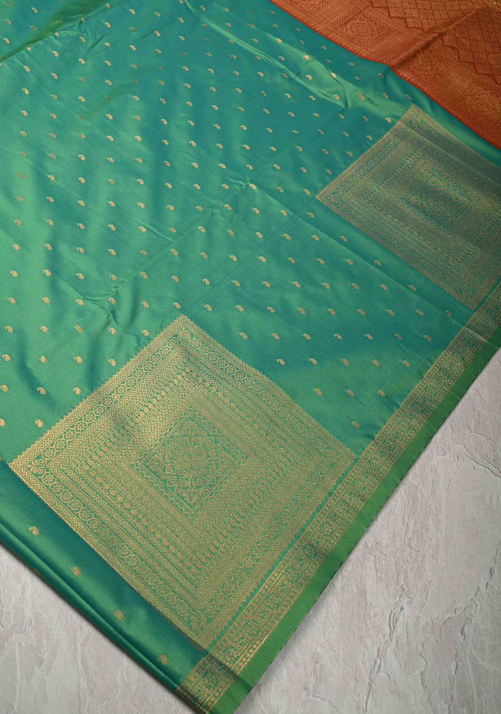 Dark Mint Green Dual tone Kanchi Semi Silk Saree with Paisley Zari Buttas and Geomatric Motifs on Border