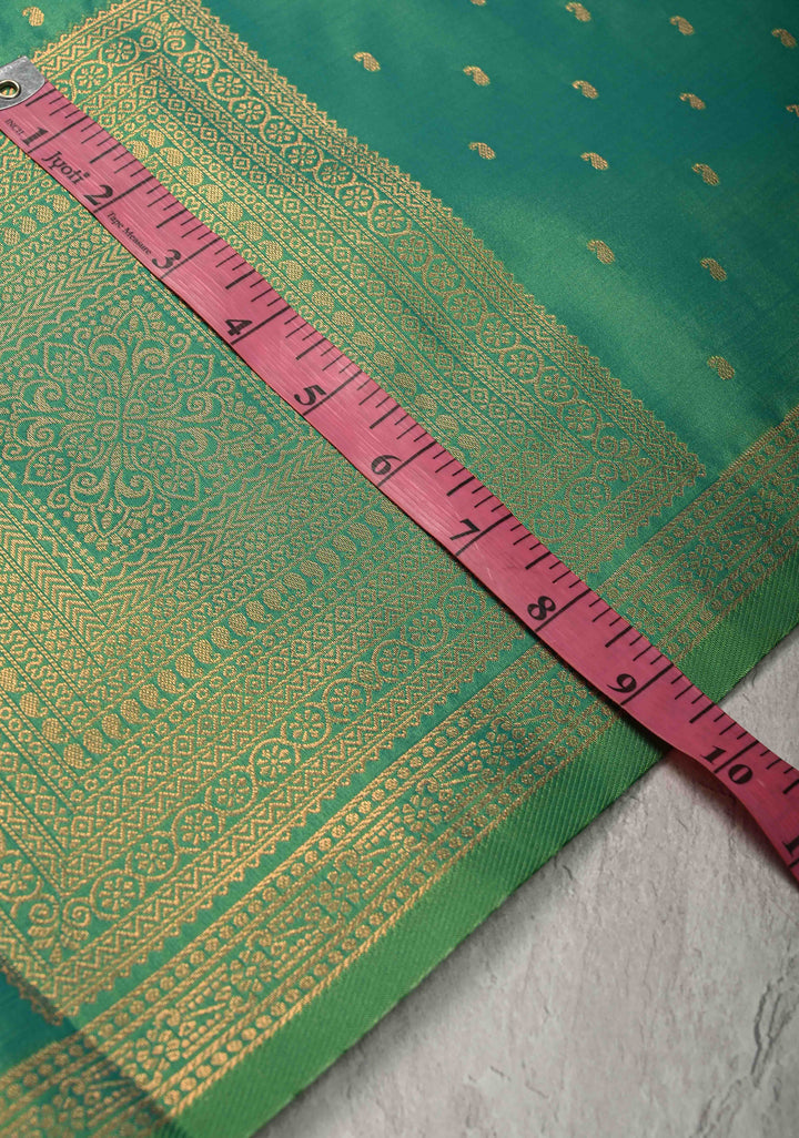 Dark Mint Green Dual tone Kanchi Semi Silk Saree with Paisley Zari Buttas and Geomatric Motifs on Border
