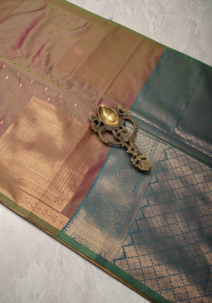Green Dual tone Kanchi Semi Silk Saree with Paisley Zari Buttas and Geomatric Motifs on Border
