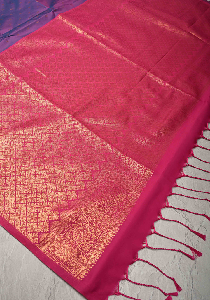 Amethyst Dual tone Kanchi Semi Silk Saree with Paisley Zari Buttas and Geomatric Motifs on Border