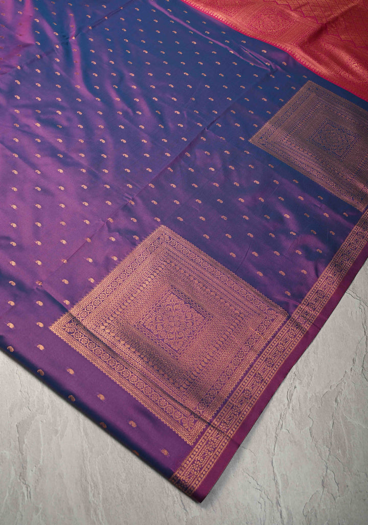 Amethyst Dual tone Kanchi Semi Silk Saree with Paisley Zari Buttas and Geomatric Motifs on Border