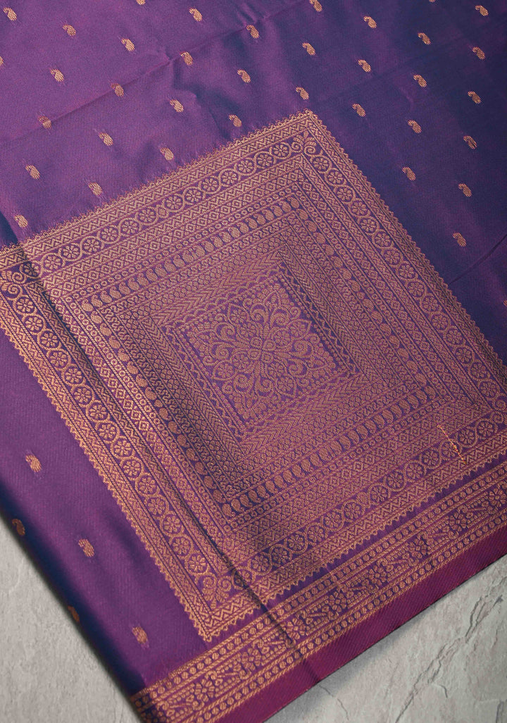 Amethyst Dual tone Kanchi Semi Silk Saree with Paisley Zari Buttas and Geomatric Motifs on Border