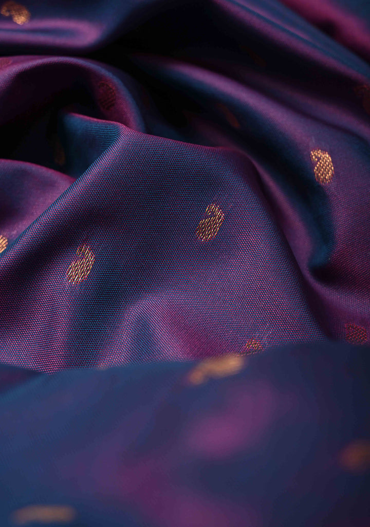 Amethyst Dual tone Kanchi Semi Silk Saree with Paisley Zari Buttas and Geomatric Motifs on Border