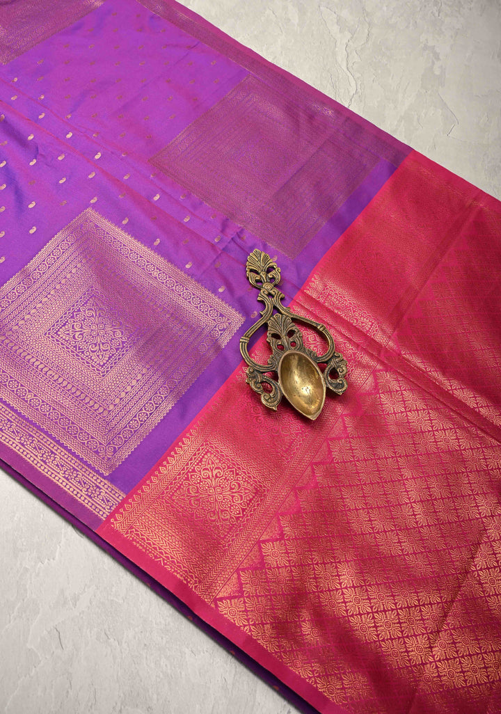 Purple Dual tone Kanchi Semi Silk Saree with Paisley Zari Buttas and Geomatric Motifs on Border
