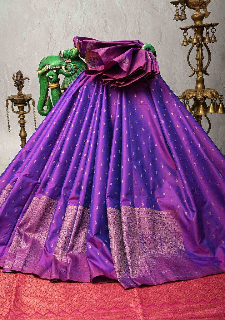 Purple Dual tone Kanchi Semi Silk Saree with Paisley Zari Buttas and Geomatric Motifs on Border