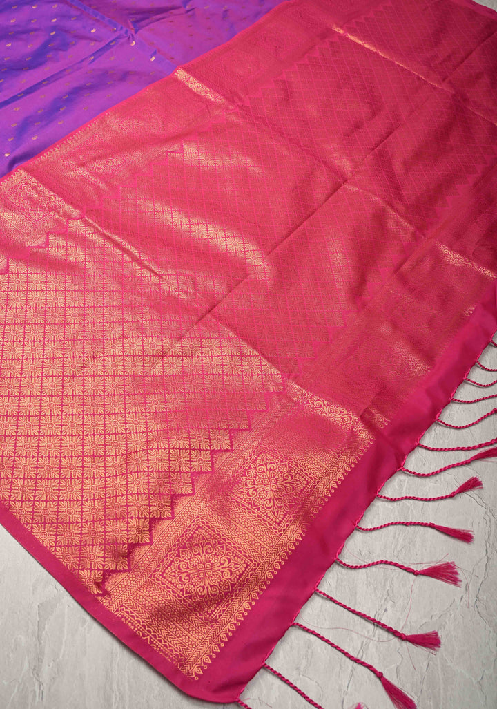 Purple Dual tone Kanchi Semi Silk Saree with Paisley Zari Buttas and Geomatric Motifs on Border