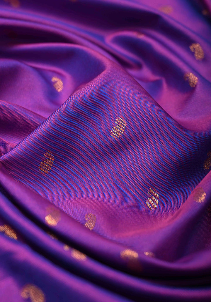 Purple Dual tone Kanchi Semi Silk Saree with Paisley Zari Buttas and Geomatric Motifs on Border