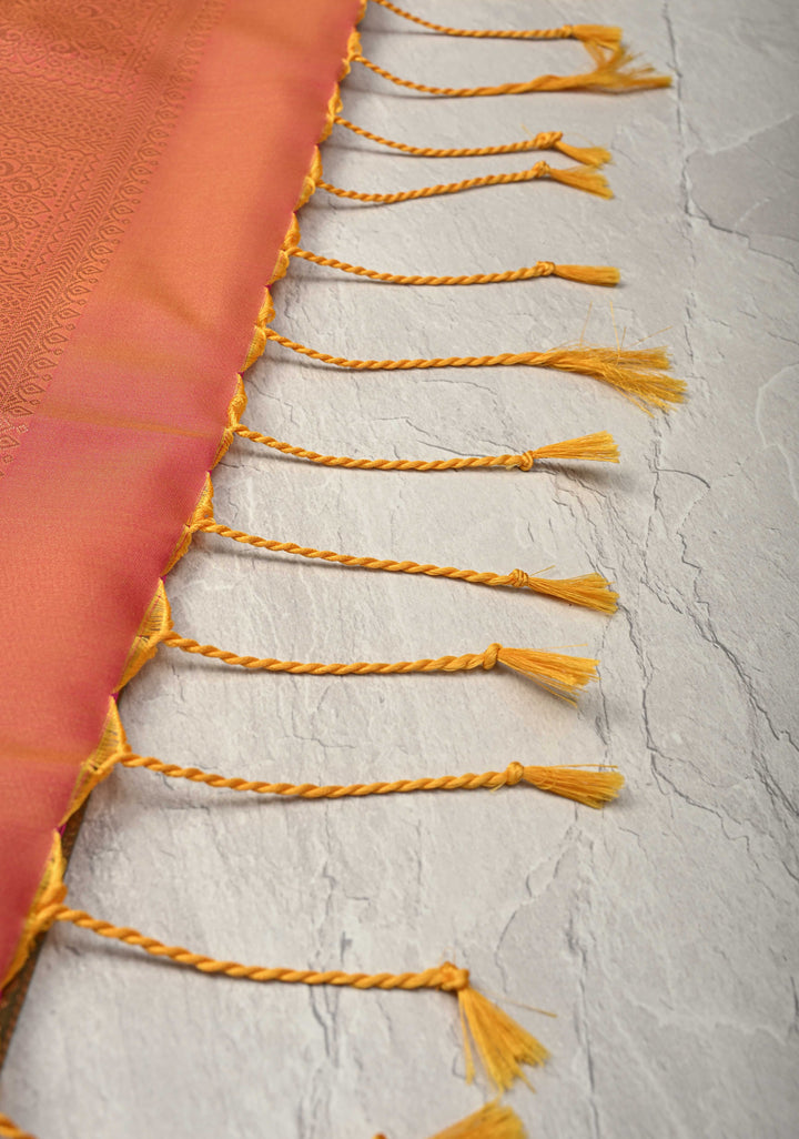 Olive Yellow Kanchi Semi Silk Saree with Paisley Zari Buttas and Geomatric Motifs on Border