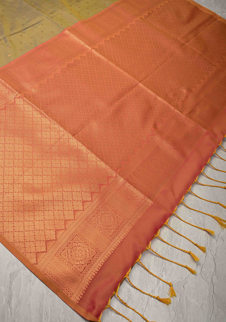 Olive Yellow Kanchi Semi Silk Saree with Paisley Zari Buttas and Geomatric Motifs on Border