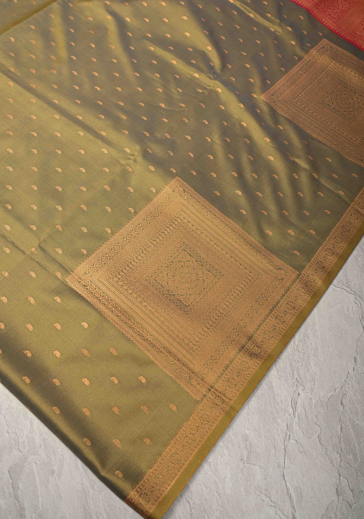 Olive Yellow Kanchi Semi Silk Saree with Paisley Zari Buttas and Geomatric Motifs on Border