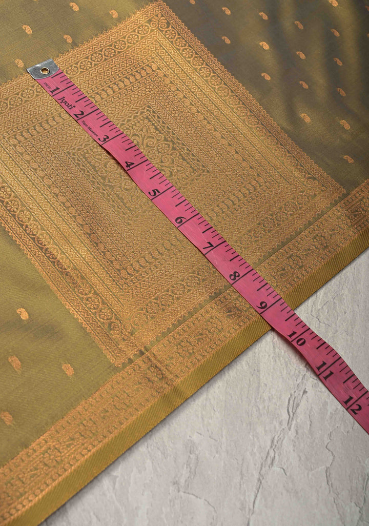 Olive Yellow Kanchi Semi Silk Saree with Paisley Zari Buttas and Geomatric Motifs on Border