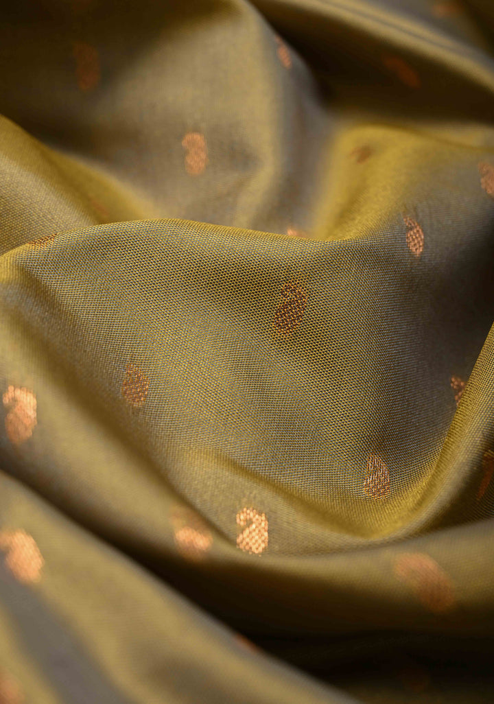 Olive Yellow Kanchi Semi Silk Saree with Paisley Zari Buttas and Geomatric Motifs on Border