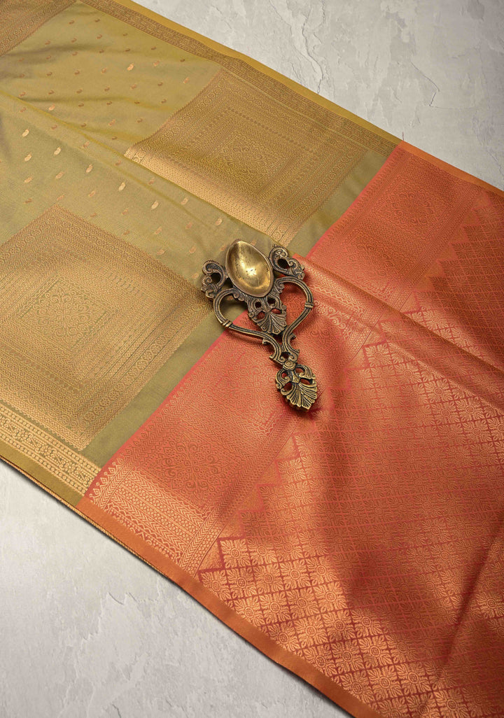 Olive Yellow Kanchi Semi Silk Saree with Paisley Zari Buttas and Geomatric Motifs on Border
