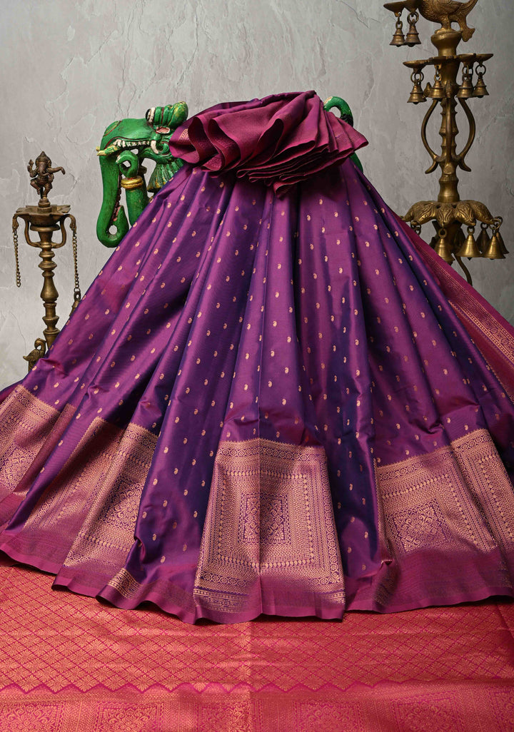 Egg Plant Purple Dual tone Kanchi Semi Silk Saree with Paisley Zari Buttas and Geomatric Motifs on Border