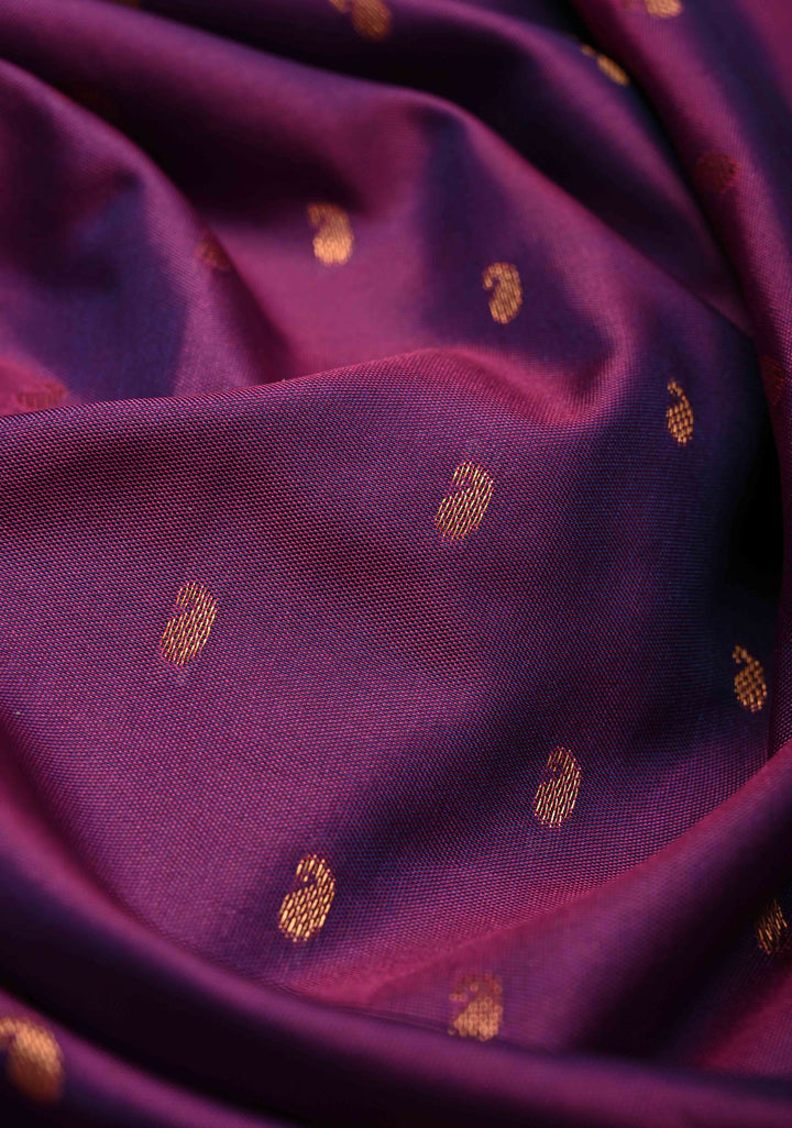 Egg Plant Purple Dual tone Kanchi Semi Silk Saree with Paisley Zari Buttas and Geomatric Motifs on Border