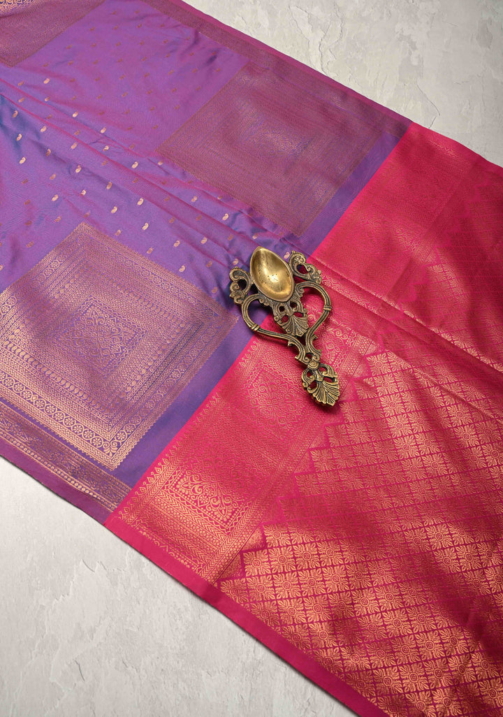 Purple Dual tone Kanchi Semi Silk Saree with Paisley Zari Buttas and Geomatric Motifs on Border