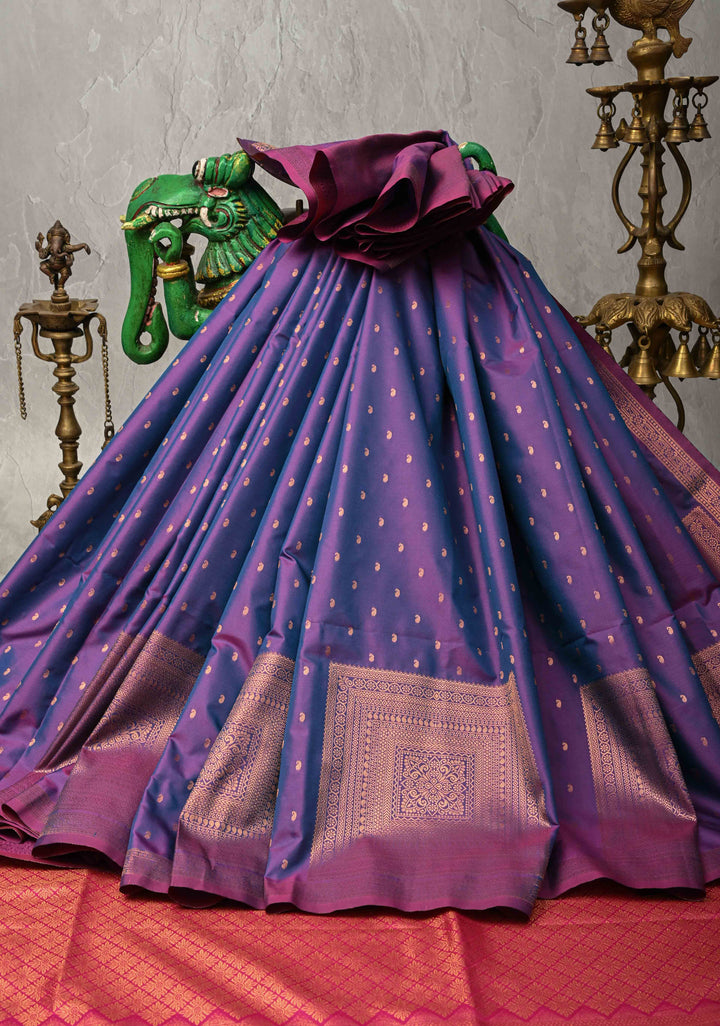 Purple Dual tone Kanchi Semi Silk Saree with Paisley Zari Buttas and Geomatric Motifs on Border