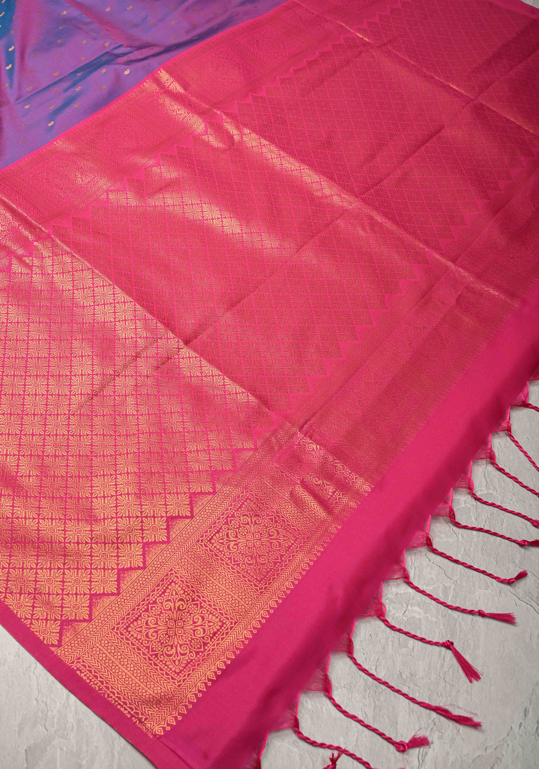 Purple Dual tone Kanchi Semi Silk Saree with Paisley Zari Buttas and Geomatric Motifs on Border