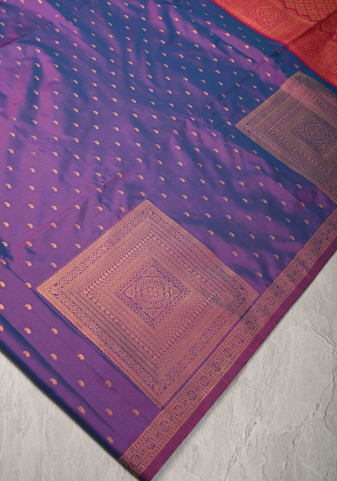 Purple Dual tone Kanchi Semi Silk Saree with Paisley Zari Buttas and Geomatric Motifs on Border