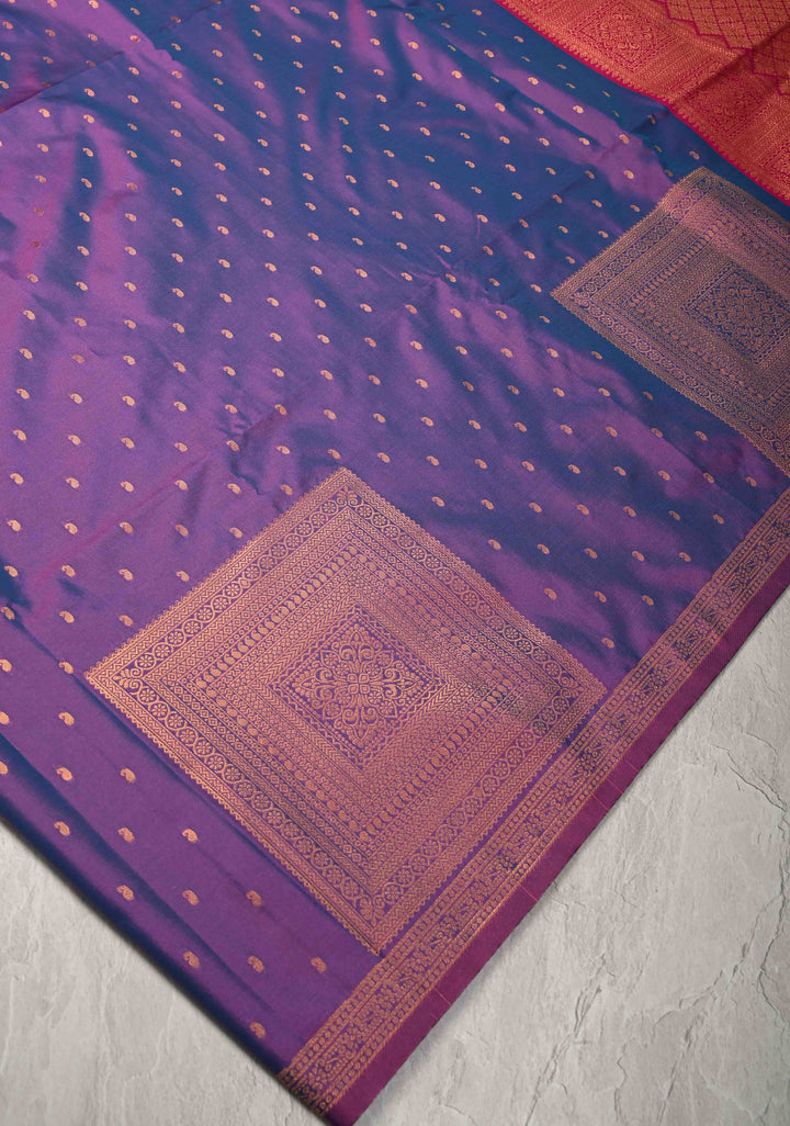 Purple Dual tone Kanchi Semi Silk Saree with Paisley Zari Buttas and Geomatric Motifs on Border