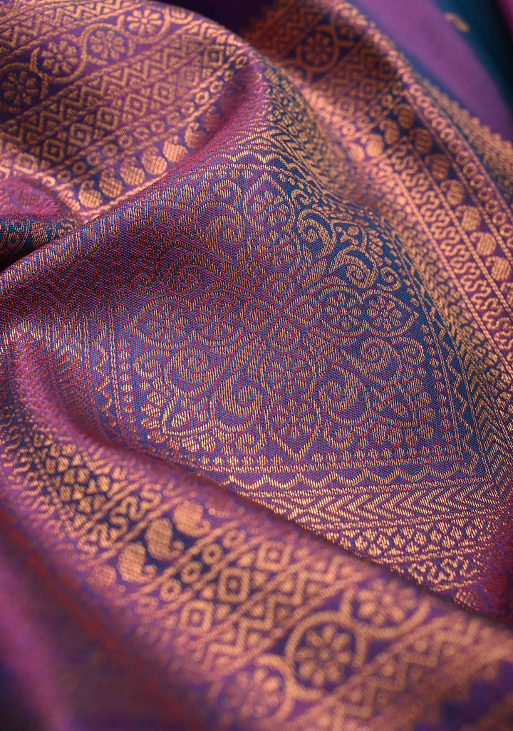 Purple Dual tone Kanchi Semi Silk Saree with Paisley Zari Buttas and Geomatric Motifs on Border