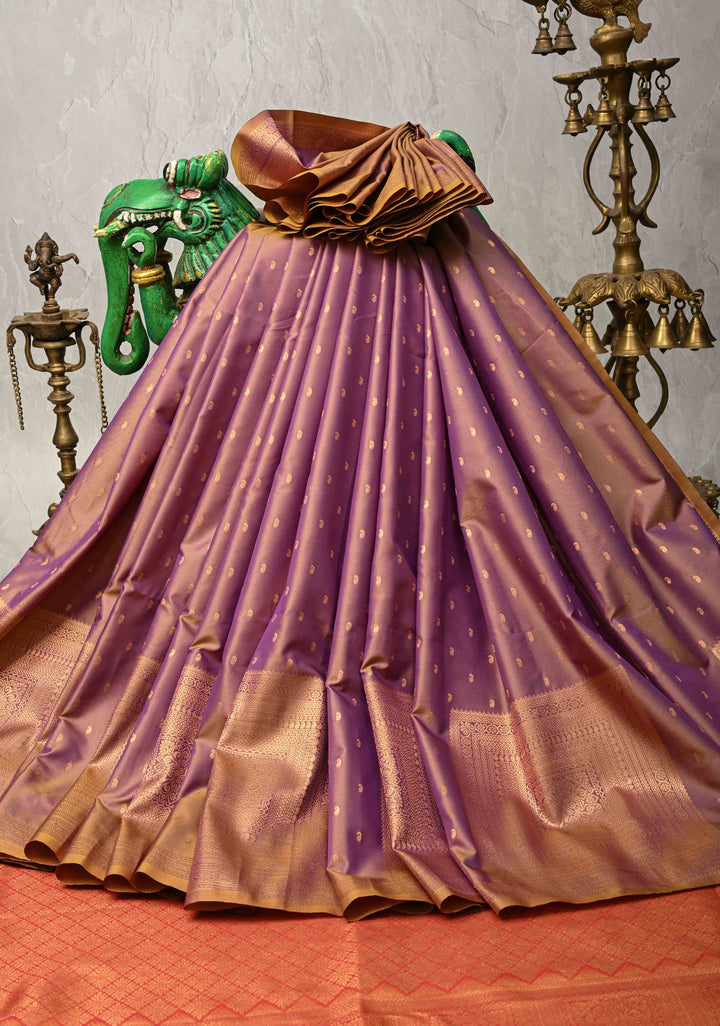 Plum Dual tone Kanchi Semi Silk Saree with Paisley Zari Buttas and Geomatric Motifs on Border