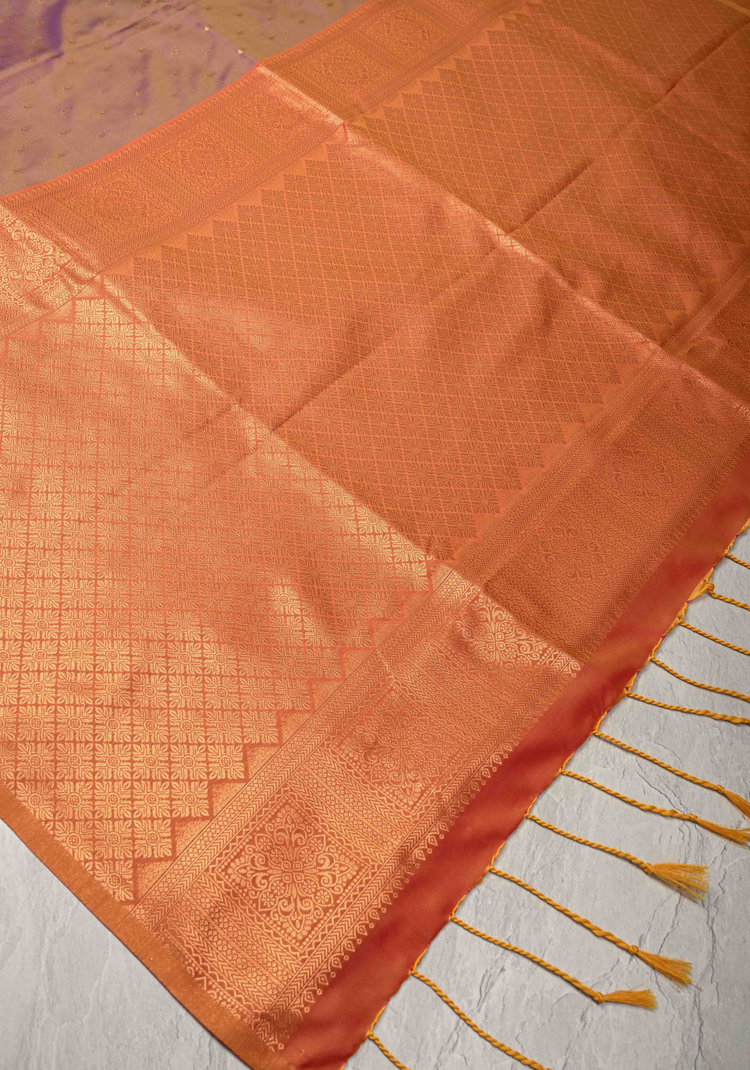 Plum Dual tone Kanchi Semi Silk Saree with Paisley Zari Buttas and Geomatric Motifs on Border