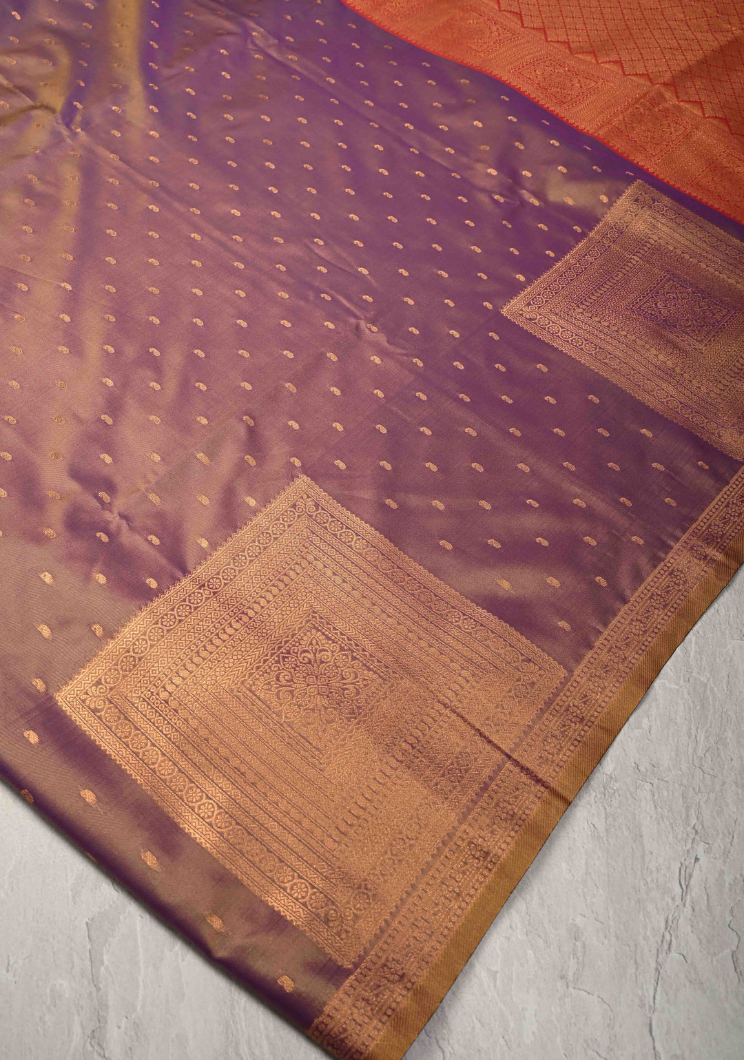 Plum Dual tone Kanchi Semi Silk Saree with Paisley Zari Buttas and Geomatric Motifs on Border