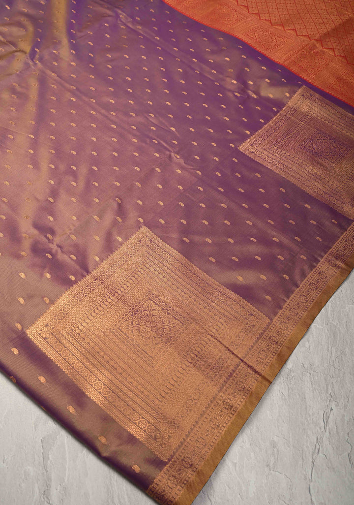 Plum Dual tone Kanchi Semi Silk Saree with Paisley Zari Buttas and Geomatric Motifs on Border