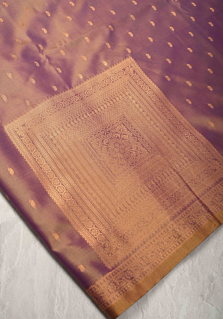 Plum Dual tone Kanchi Semi Silk Saree with Paisley Zari Buttas and Geomatric Motifs on Border