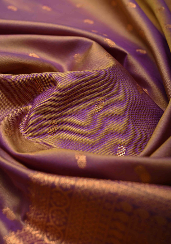 Plum Dual tone Kanchi Semi Silk Saree with Paisley Zari Buttas and Geomatric Motifs on Border