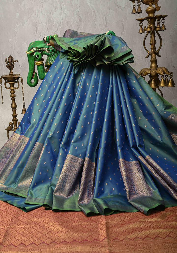 Peacock Blue Dual tone Kanchi Semi Silk Saree with Paisley Zari Buttas and Geomatric Motifs on Border