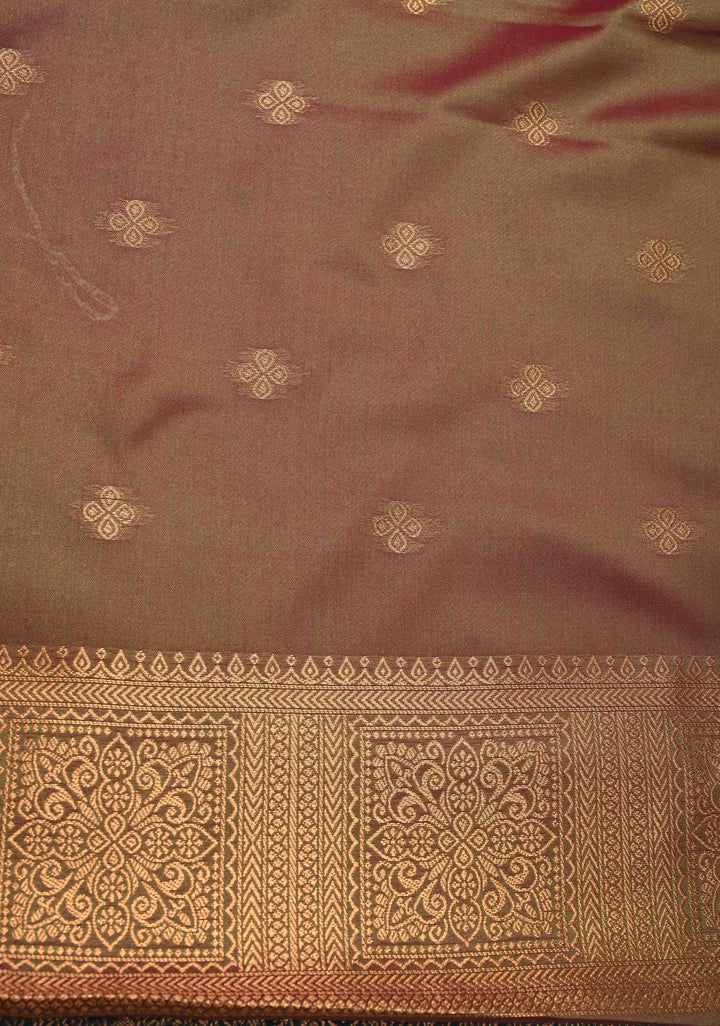 Peacock Blue Dual tone Kanchi Semi Silk Saree with Paisley Zari Buttas and Geomatric Motifs on Border