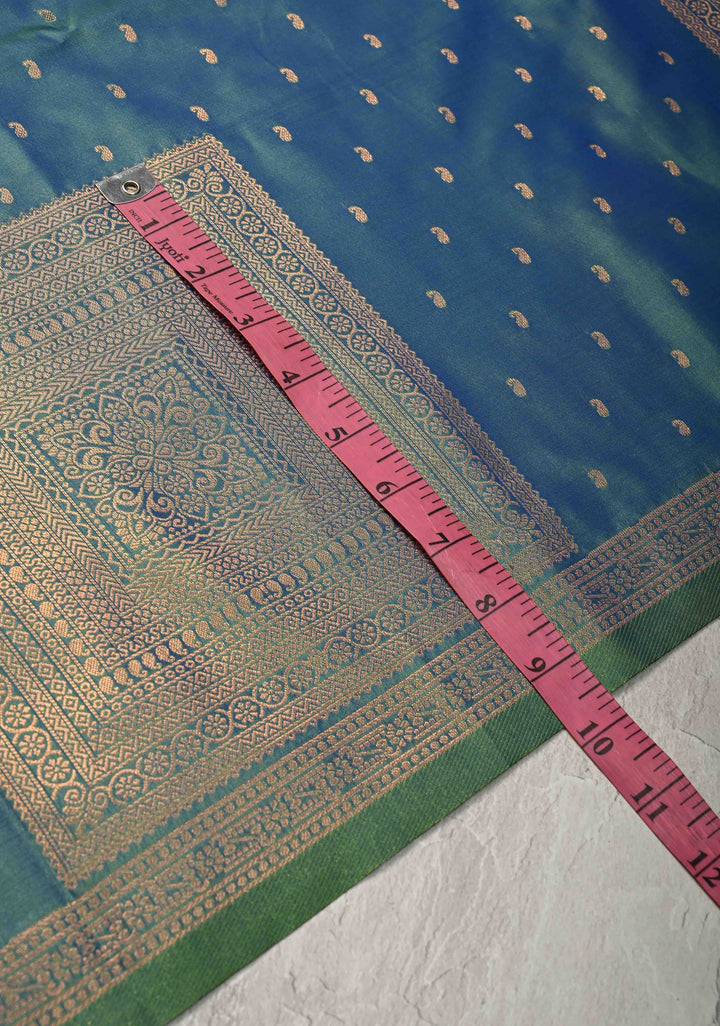 Peacock Blue Dual tone Kanchi Semi Silk Saree with Paisley Zari Buttas and Geomatric Motifs on Border