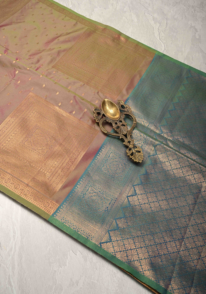 Green-pink Dual tone Kanchi Semi Silk Saree with Paisley Zari Buttas and Geomatric Motifs on Border