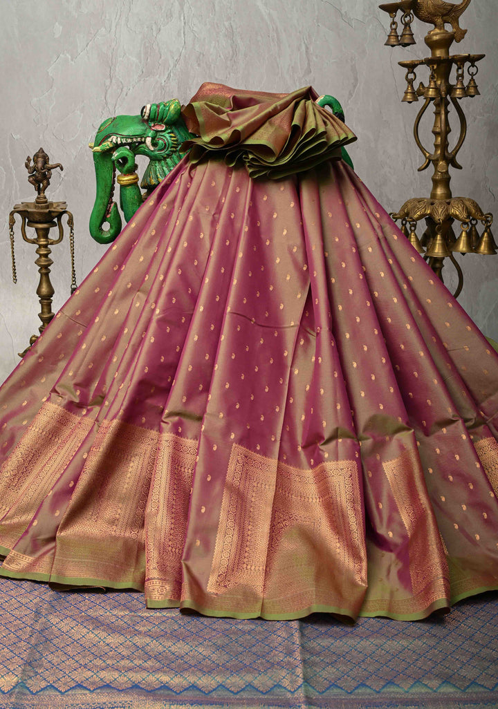 Green-pink Dual tone Kanchi Semi Silk Saree with Paisley Zari Buttas and Geomatric Motifs on Border