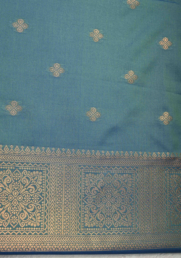 Green-pink Dual tone Kanchi Semi Silk Saree with Paisley Zari Buttas and Geomatric Motifs on Border