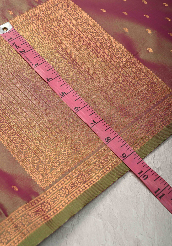 Green-pink Dual tone Kanchi Semi Silk Saree with Paisley Zari Buttas and Geomatric Motifs on Border