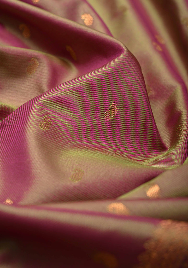 Green-pink Dual tone Kanchi Semi Silk Saree with Paisley Zari Buttas and Geomatric Motifs on Border